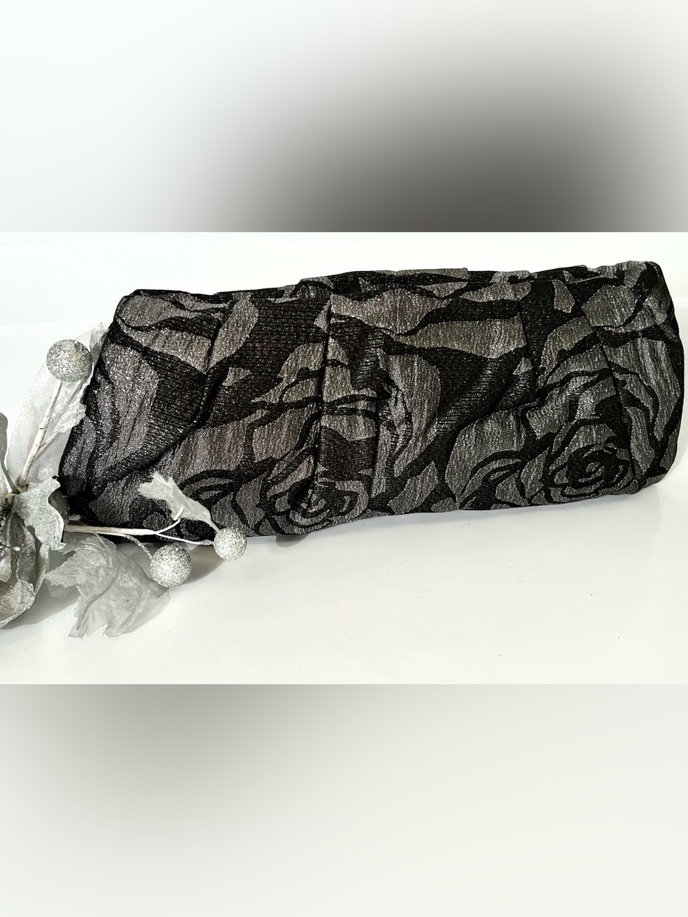 Express Sparkle Rose Black and Silver Metallic Floral Clutch